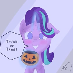 Size: 1575x1575 | Tagged: safe, artist:zeon_starlight, starlight glimmer, pony, unicorn, g4, blushing, female, glowing, glowing horn, grin, halloween, holiday, horn, looking at you, magic, magic aura, mare, pumpkin bucket, smiling, smiling at you, solo, speech bubble, talking, talking to viewer, telekinesis, trick or treat