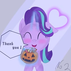 Size: 1575x1575 | Tagged: safe, artist:zeon_starlight, starlight glimmer, pony, unicorn, g4, blushing, candy, eyes closed, female, food, glowing, glowing horn, halloween, heart, holiday, horn, magic, magic aura, mare, open mouth, open smile, pumpkin bucket, smiling, solo, speech bubble, talking, talking to viewer, telekinesis, thank you, trick or treat