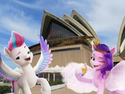 Size: 1920x1440 | Tagged: safe, artist:a-new-generation-in-real-life fan, pipp petals, zipp storm, pegasus, pony, g5, my little pony: a new generation, australia, colored wings, duo, female, irl, looking at you, mare, multicolored mane, multicolored wings, one eye closed, open mouth, open smile, phone, photo, ponies in real life, raised hoof, siblings, sisters, smiling, spread wings, story included, sydney, wings