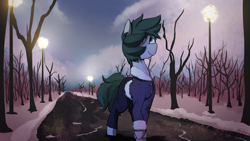 Size: 1920x1080 | Tagged: safe, artist:triplesevens, oc, oc only, oc:pencil pusher, pony, outdoors, snow, solo, streetlight, tree, winter