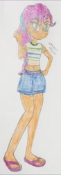 Size: 1378x3916 | Tagged: safe, artist:legacynebula, sunny starscout, equestria girls, g4, g5, belly button, clothes, equestria girls-ified, feet, flip-flops, g5 to equestria girls, g5 to g4, generation leap, midriff, rough sketch, sandals, shorts, sketch, solo, traditional art, waving at you
