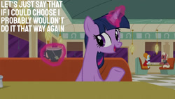 Size: 1280x720 | Tagged: safe, edit, edited screencap, editor:quoterific, screencap, twilight sparkle, alicorn, earth pony, pony, g4, season 6, the saddle row review, booth, diner, female, magic, male, mare, open mouth, open smile, smiling, solo focus, stallion, telekinesis, text, twilight sparkle (alicorn)