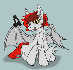 Size: 1791x1719 | Tagged: safe, artist:reddthebat, oc, oc only, oc:reddthebat, bat pony, pony, bat pony oc, bat wings, chest fluff, eyebrows, eyebrows visible through hair, female, freckles, glock, gray background, gun, open mouth, open smile, pistol, shadow, simple background, smiling, solo, spread wings, weapon, wings