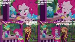 Size: 1280x720 | Tagged: safe, edit, edited screencap, editor:quoterific, screencap, pinkie pie, sunset shimmer, equestria girls, equestria girls specials, g4, my little pony equestria girls: better together, my little pony equestria girls: sunset's backstage pass, clothes, crossed arms, cutie mark on clothes, eyes closed, female, geode of empathy, geode of sugar bombs, magical geodes, music festival outfit, open mouth, open smile, smiling, text