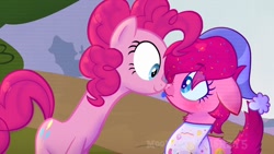 Size: 1280x720 | Tagged: safe, artist:thatonefluffs, edit, edited screencap, screencap, pinkie pie, oc, oc:hush puppy, earth pony, pony, g4, :p, chest fluff, duo, freckles, kidcore, kinsona, tongue out, watermark