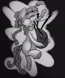 Size: 2490x2972 | Tagged: safe, artist:swagstapiece, earth pony, pony, bagpipes, bipedal, black and white, dreadlocks, frog (hoof), grayscale, hair over eyes, high res, monochrome, musical instrument, puffy cheeks, solo, underhoof