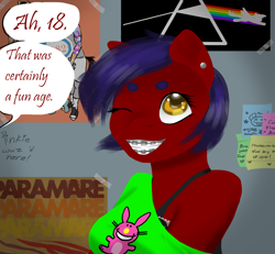 Size: 1300x1200 | Tagged: safe, alternate version, artist:horsesrnaked, oc, oc:fluffycuffs, earth pony, anthro, barely legal, bra, bra strap, clothes, colorful, dialogue, dialogue edit, ear piercing, earring, eyebrows, flashback, graffiti, it's happy bunny, jewelry, off shoulder shirt, one eye closed, piercing, pink floyd, poster, poster parody, scene kid, solo, speech bubble, sticky note, tape, text, underwear, wink