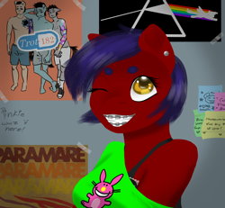 Size: 1300x1200 | Tagged: safe, artist:horsesrnaked, oc, oc:fluffycuffs, earth pony, anthro, barely legal, bra, bra strap, braces, clothes, colorful, ear piercing, earring, eyebrows, flashback, graffiti, it's happy bunny, jewelry, off shoulder shirt, one eye closed, piercing, poster, poster parody, scene kid, solo, sticky note, tape, underwear, wink