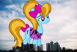 Size: 1818x1228 | Tagged: safe, artist:thegiantponyfan, artist:tsabak, turf, earth pony, pony, g4, bow, clothes, female, giant pony, giant/macro earth pony, giantess, hair bow, hawaii, highrise ponies, honolulu, irl, looking down, macro, mare, mega giant, photo, ponies in real life, standing, tail, tail bow