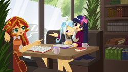 Size: 1920x1080 | Tagged: safe, artist:howxu, sunset shimmer, trixie, twilight sparkle, equestria girls, g4, blushing, book, bookshelf, booth, car, commission, cup, female, lesbian, notepad, one eye closed, open mouth, open smile, ship:twixie, shipping, sitting, smiling, trio, window