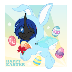 Size: 5000x5000 | Tagged: safe, artist:jhayarr23, part of a set, oc, oc only, oc:swift dawn, changeling, animal costume, blue changeling, blue eyes, bow, bunny costume, changeling oc, clothes, commission, costume, cute, easter, easter egg, egg, fangs, floppy ears, fluffy tail, holiday, horn, looking at you, male, ocbetes, one eye closed, ribbon, simple background, smiling, solo, tail, text, wings, wink, winking at you, ych result