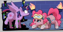 Size: 1482x764 | Tagged: safe, artist:pabbley, pinkie pie, twilight sparkle, alicorn, earth pony, pony, g4, aggie.io, belt, crouching, dark magic, dungeon, duo, dusk till dawn, female, friday night funkin', goggles, magic, mare, open mouth, pibby, simple background, smiling, spread wings, twilight sparkle (alicorn), wings