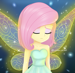 Size: 726x704 | Tagged: safe, artist:fluttershy_art.nurul, fluttershy, fairy, equestria girls, g4, alternate hairstyle, bare shoulders, beautiful, beautiful x, cute, eyes closed, eyeshadow, fairy wings, fairyized, female, glowing, glowing wings, makeup, pink hair, sad, shine, short hair, sleeveless, solo, sparkly wings, strapless, tinkerbell, wings