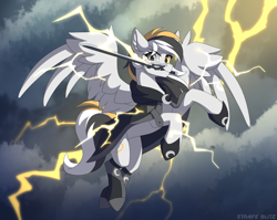 Size: 2448x1952 | Tagged: safe, artist:strafe blitz, oc, oc:storm cloud river's, pegasus, pony, concave belly, female, heterochromia, lightning, mare, mouth hold, slender, solo, sword, thin, weapon