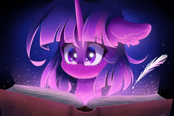 Size: 1280x854 | Tagged: safe, artist:natanvok, twilight sparkle, pony, book, bust, colored pupils, ear fluff, feather, female, floppy ears, horn, mare, quill, solo, sparkles
