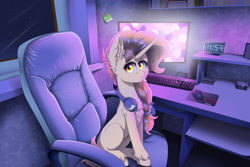Size: 1280x854 | Tagged: oc name needed, safe, artist:natanvok, oc, oc only, pony, unicorn, bookshelf, chair, clock, computer, computer mouse, computer screen, digital clock, evening, female, headphones, headset, horn, keyboard, long horn, looking at you, mare, microphone, mousepad, office chair, side view, solo, sticky note, unshorn fetlocks, yellow eyes