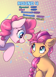 Size: 1600x2200 | Tagged: safe, artist:ravistdash, pinkie pie, sunny starscout, earth pony, pony, g5, spoiler:g5, female, growth drive, looking at each other, looking at someone, shipping, smiling, text
