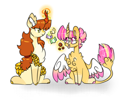 Size: 3521x2889 | Tagged: safe, artist:goldlines005, oc, oc only, alicorn, hybrid, kirin, pony, alicorn oc, candy, chest fluff, duo, food, glasses, glowing, glowing horn, high res, horn, interspecies offspring, kirin oc, magic, magical lesbian spawn, offspring, parent:applejack, parent:autumn blaze, parent:starlight glimmer, parent:sunburst, parents:autumnjack, parents:starburst, simple background, spread wings, telekinesis, white background, wings