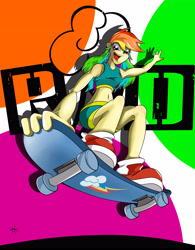 Size: 3694x4724 | Tagged: safe, artist:vesmirart, rainbow dash, human, g4, :d, abstract background, clothes, female, humanized, open mouth, open smile, shoes, shorts, skateboard, smiling, solo