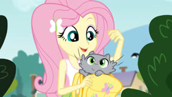 Size: 3410x1920 | Tagged: safe, screencap, fluttershy, cat, equestria girls, g4, my little pony equestria girls: friendship games, backpack, bare shoulders, clothes, female, hairpin, high res, open mouth, open smile, sleeveless, smiling, tank top
