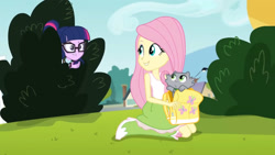 Size: 3410x1920 | Tagged: safe, screencap, fluttershy, sci-twi, twilight sparkle, cat, equestria girls, g4, my little pony equestria girls: friendship games, backpack, boots, clothes, cutie mark on clothes, duo, duo female, female, glasses, hairpin, high res, magic capture device, shoes, smiling