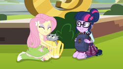 Size: 3410x1920 | Tagged: safe, screencap, fluttershy, sci-twi, twilight sparkle, cat, equestria girls, g4, my little pony equestria girls: friendship games, boots, clothes, cutie mark on clothes, duo, duo female, eyes closed, female, glasses, hairpin, high res, magic capture device, shoes, smiling