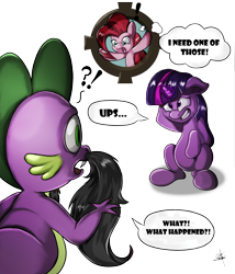 Size: 3543x4134 | Tagged: safe, artist:vesmirart, pinkie pie, spike, twilight sparkle, dragon, earth pony, pony, unicorn, g4, accident, exclamation point, facial hair, female, floppy ears, interrobang, male, mare, moustache, question mark, signature, simple background, surprised, transparent background, trio, unicorn twilight