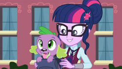 Size: 3410x1920 | Tagged: safe, screencap, sci-twi, spike, spike the regular dog, twilight sparkle, dog, equestria girls, g4, my little pony equestria girls: friendship games, backpack, canterlot high, cute, duo, female, glasses, high res, magic capture device, male, open mouth, open smile, smiling, spikabetes, tongue out