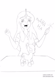 Size: 2952x4133 | Tagged: safe, artist:vesmirart, oc, human, pony, robot, robot pony, adventure time, clothes, crossover, derp, female, insanity, laughing, lineart, male, monochrome, princess bubblegum, simple background, solo, white background