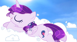 Size: 1498x813 | Tagged: safe, artist:stormcloud-yt, oc, oc only, alicorn, pony, alicorn oc, base used, butt, cloud, eyelashes, eyes closed, female, horn, mare, on a cloud, outdoors, plot, sleeping, solo, wings