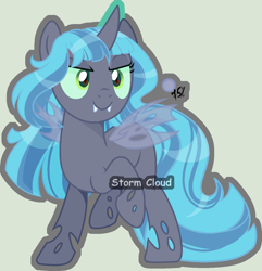 Size: 1298x1347 | Tagged: safe, artist:stormcloud-yt, oc, oc only, oc:azalea, changeling, changeling queen, >:), base used, changeling queen oc, cute, cute little fangs, evil smile, fangs, female, glowing, glowing horn, grin, horn, parent:queen chrysalis, raised hoof, simple background, smiling, smirk, solo
