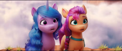 Size: 4094x1740 | Tagged: safe, screencap, izzy moonbow, sunny starscout, earth pony, pony, unicorn, g5, my little pony: a new generation, duo, female, mare, open mouth