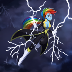 Size: 1280x1280 | Tagged: safe, artist:howxu, rainbow dash, anthro, plantigrade anthro, equestria girls, g4, absolute cleavage, blushing, breasts, busty rainbow dash, cleavage, clothes, cloud, commission, costume, electric dash, female, flying, gloves, gritted teeth, lightning, shoes, smiling, solo, superhero, thunder