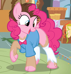 Size: 1614x1687 | Tagged: safe, artist:anonymous, pinkie pie, earth pony, human, pony, g4, /ptfg/, bowtie, clothes, eye color change, female, human to pony, indoors, mare, mid-transformation, open mouth, open smile, raised hoof, shirt, show accurate, smiling, socks, solo, sugarcube corner (interior), torn clothes, torn socks, transformation