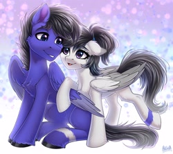 Size: 3300x2933 | Tagged: safe, artist:hakaina, oc, oc only, pegasus, pony, abstract background, concave belly, duo, fluffy, high res, looking at each other, looking at someone, raised hoof, sitting, slender, standing, thin