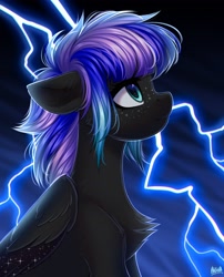 Size: 2500x3100 | Tagged: safe, artist:hakaina, oc, oc only, oc:rainfall (zeepurplefox), pegasus, pony, chest fluff, dark coat, female, floppy ears, folded wings, freckles, half body, high res, lightning, mare, sitting, solo, star freckles, starry wings, wings