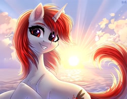 Size: 3200x2500 | Tagged: safe, artist:hakaina, oc, oc only, oc:waves, pony, unicorn, backlighting, beautiful, cute, fluffy, high res, lighting, ocbetes, raised hoof, sky, slender, solo, sunrise, thin, windswept mane