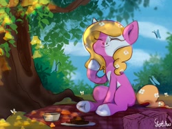 Size: 2048x1535 | Tagged: safe, artist:rottengotika, oc, oc only, butterfly, earth pony, pony, leaves, picnic blanket, solo, tree