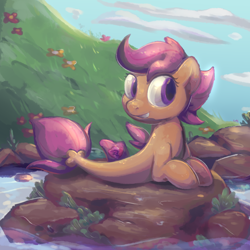 Size: 1024x1024 | Tagged: safe, artist:kukie, derpibooru exclusive, scootaloo, seapony (g4), g4, cloud, cute, detailed background, eyelashes, female, filly, flower, foal, grass, looking right, lying down, prone, rock, seaponified, seapony scootaloo, signature, sky, smiling, solo, species swap, water