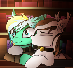 Size: 2500x2300 | Tagged: safe, artist:andaluce, oc, oc only, oc:choco blanc, oc:typh, bat pony, pony, awkward, bell, bell collar, bookshelf, cheek kiss, chest fluff, choker, clothes, collar, cute, embarrassed, eyes closed, high res, kissing, library, licking, tongue out