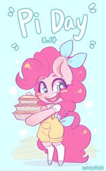 Size: 1058x1702 | Tagged: safe, artist:oofycolorful, pinkie pie, earth pony, semi-anthro, g4, arm hooves, clothes, cute, diapinkes, food, pi day, pie, smiling, solo, starry eyes, wingding eyes