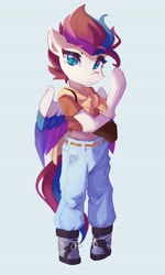 Size: 2464x4096 | Tagged: safe, artist:saxopi, zipp storm, pegasus, semi-anthro, g5, arm hooves, aside glance, blue background, casual clothing, clothes, female, high res, jeans, looking at you, pants, partially open wings, shirt, simple background, solo, standing, t-shirt, wings
