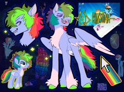 Size: 2048x1535 | Tagged: safe, artist:draw3, rainbow dash, oc, pegasus, pony, g4, braces, cacodemon, coat markings, colored hooves, fangs, kinsona, messy hair, messy mane, messy tail, mouse cursor, pale belly, socks (coat markings), solo, sparkles, tail, xbox