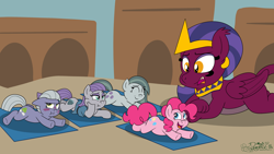 Size: 3840x2160 | Tagged: safe, artist:rupert, limestone pie, marble pie, maud pie, pinkie pie, the sphinx, earth pony, pony, sphinx, g4, behaving like a cat, blushing, cute, desert, diapinkes, eyes closed, female, group, high res, limabetes, limetsun pie, looking away, lying down, marblebetes, mare, mat, maudabetes, pie sisters, pie twins, pouting, prone, quintet, siblings, sisters, smiling, sphinxdorable, sploot, squishy cheeks, tsundere, twins, yoga mat