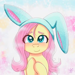 Size: 1024x1024 | Tagged: safe, artist:galaxy swirl, fluttershy, pegasus, pony, g4, abstract background, blushing, bunny ears, bust, colored eyebrows, cute, daaaaaaaaaaaw, eyebrows, female, full face view, hooves to the chest, looking at you, mare, one ear down, shyabetes, smiling, solo, stray strand, weapons-grade cute