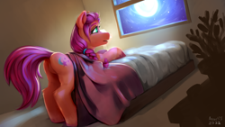 Size: 3200x1800 | Tagged: safe, artist:anon_1515, sunny starscout, earth pony, pony, g5, bed, bedroom, blanket, butt, eyebrows, featureless crotch, female, flower pot, hair tie, high res, indoors, lamp, looking offscreen, moon, night, open mouth, painterly, plant, plot, ponytail, raised tail, signature, solo, stars, sunny starbutt, tail, window