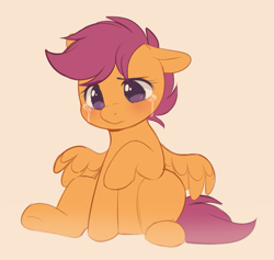 Size: 759x720 | Tagged: safe, artist:higglytownhero, scootaloo, pegasus, pony, g4, crying, cute, cutealoo, female, filly, foal, full body, hooves, pink background, raised hoof, sad, sadorable, scootasad, simple background, sitting, solo, wings
