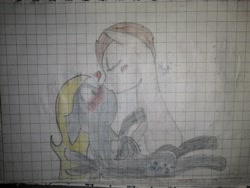 Size: 3968x2976 | Tagged: safe, artist:pashkek, derpy hooves, doctor whooves, time turner, pegasus, pony, g4, blushing, female, graph paper, heart, high res, kissing, male, photo, ship:doctorderpy, shipping, straight, surprised, text, traditional art