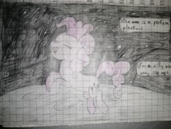 Size: 3968x2976 | Tagged: safe, artist:pashkek, pinkie pie, earth pony, pony, comic:friendless moon, g4, blue eyes, graph paper, happy, high res, jumping, moon, singing, smiling, solo, space, text, traditional art