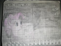 Size: 3968x2976 | Tagged: safe, artist:pashkek, pinkie pie, earth pony, pony, comic:friendless moon, g4, blue eyes, graph paper, high res, looking back, moon, singing, solo, space, text, traditional art